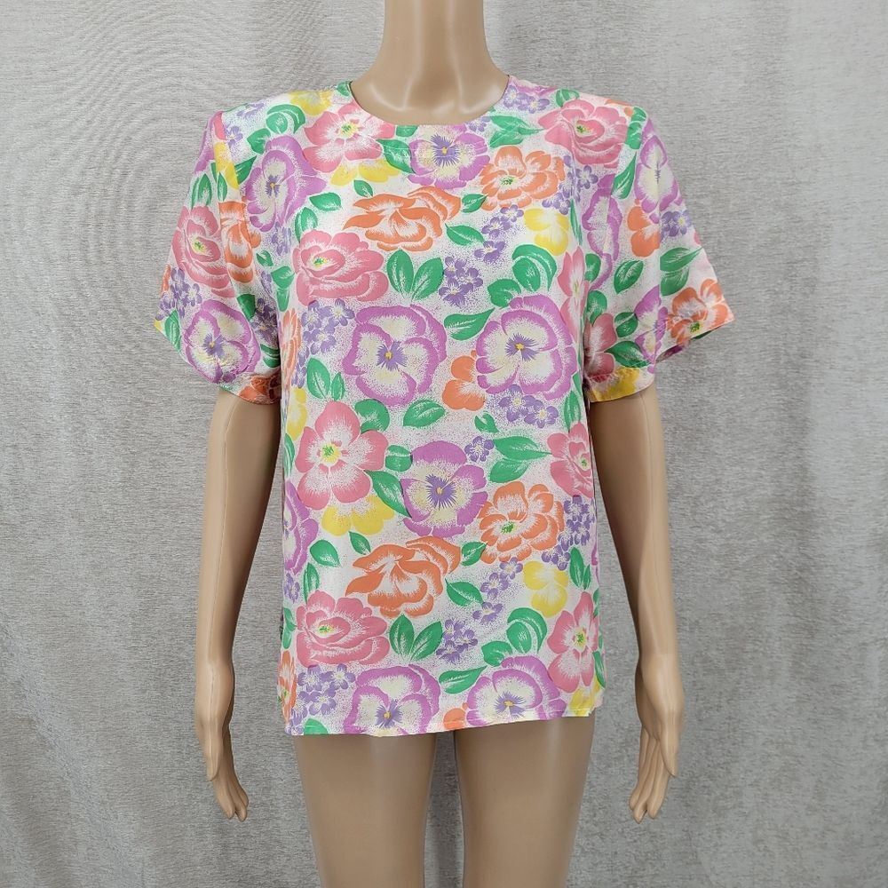 Silk Time Vintage Colorful Floral Women's Top Short Sleeve Blouse